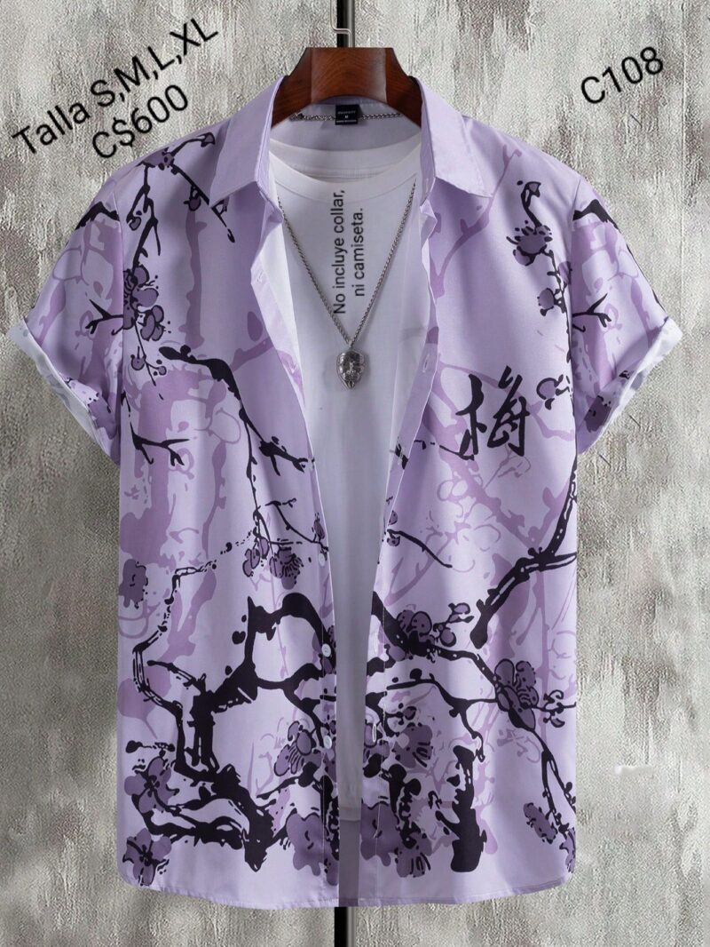 Camisa de vestir para hombre color lila con letras asiáticas