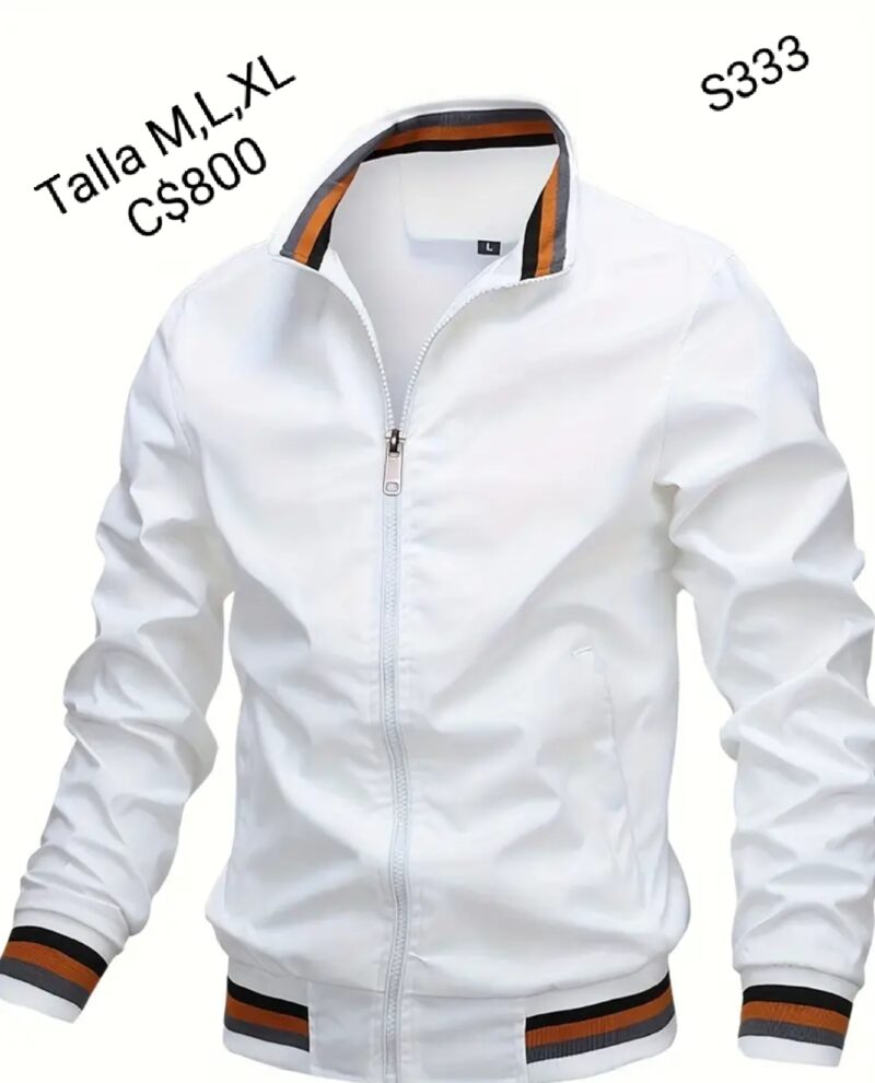 Chaqueta estilo impermeable color blanca con borde naranja y crema