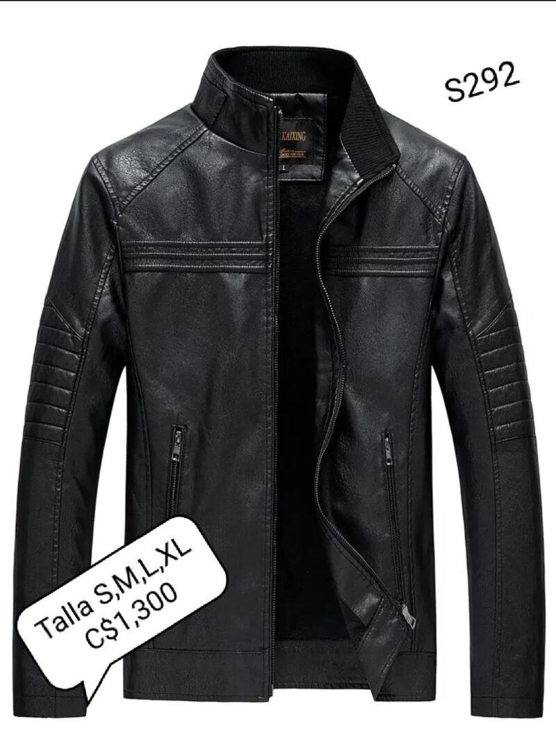 Chaqueta de cuero sintético color negra con bolsas frontales