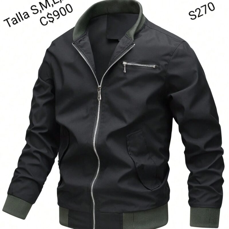 Chaqueta estilo impermeable con borde negros.