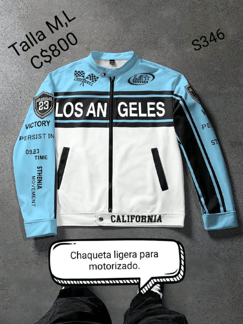 Chaqueta ligera para motorizado color blanco y celeste