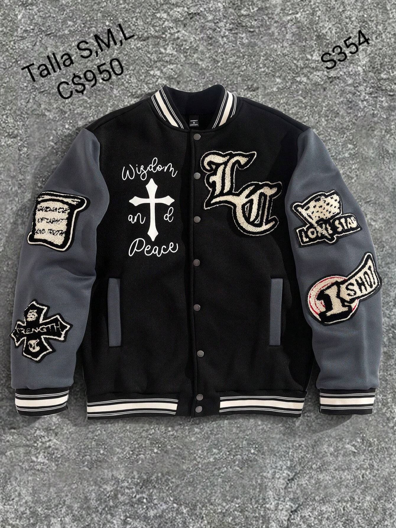 Chaqueta de tela estilo universitaria color negra con gris con múltiple bordado