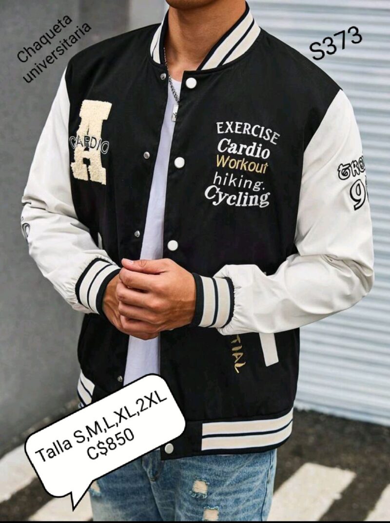 Chaqueta estilo universitaria color negro con caqui con multi estampado