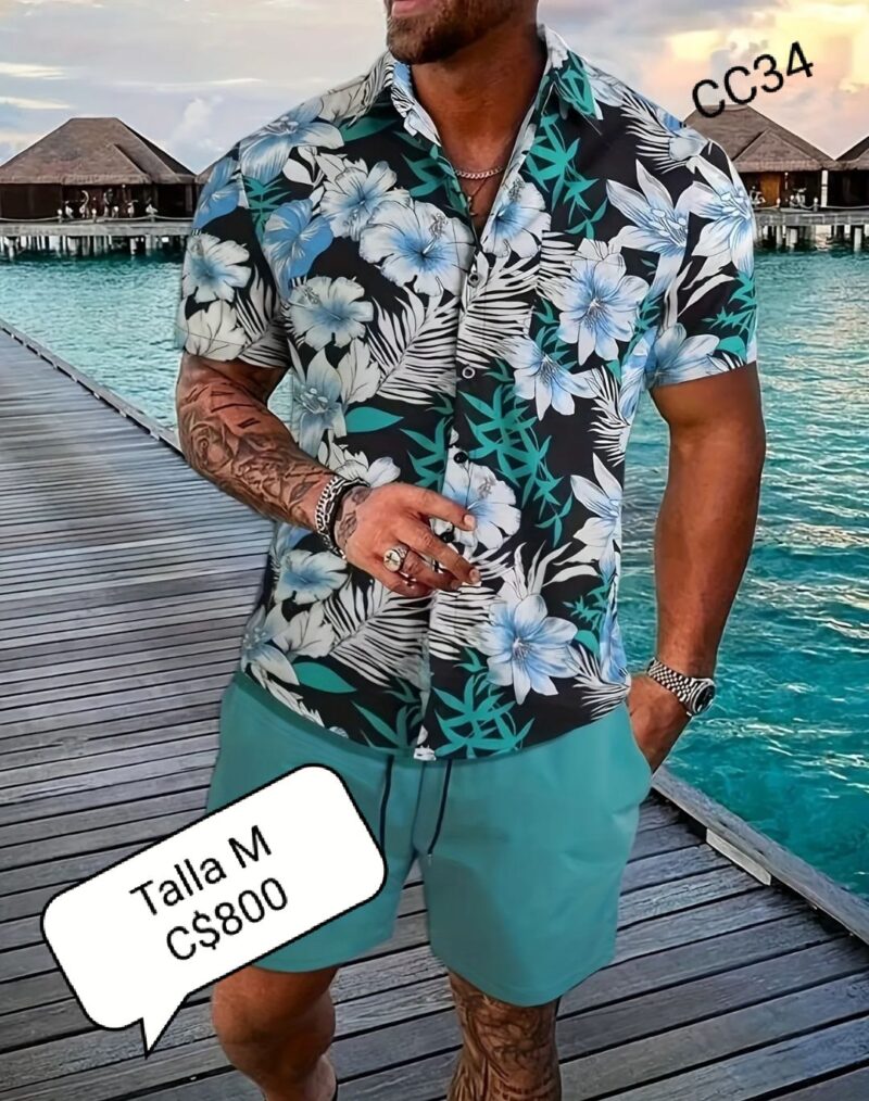 Conjunto Short playero color verde con camisa de flores