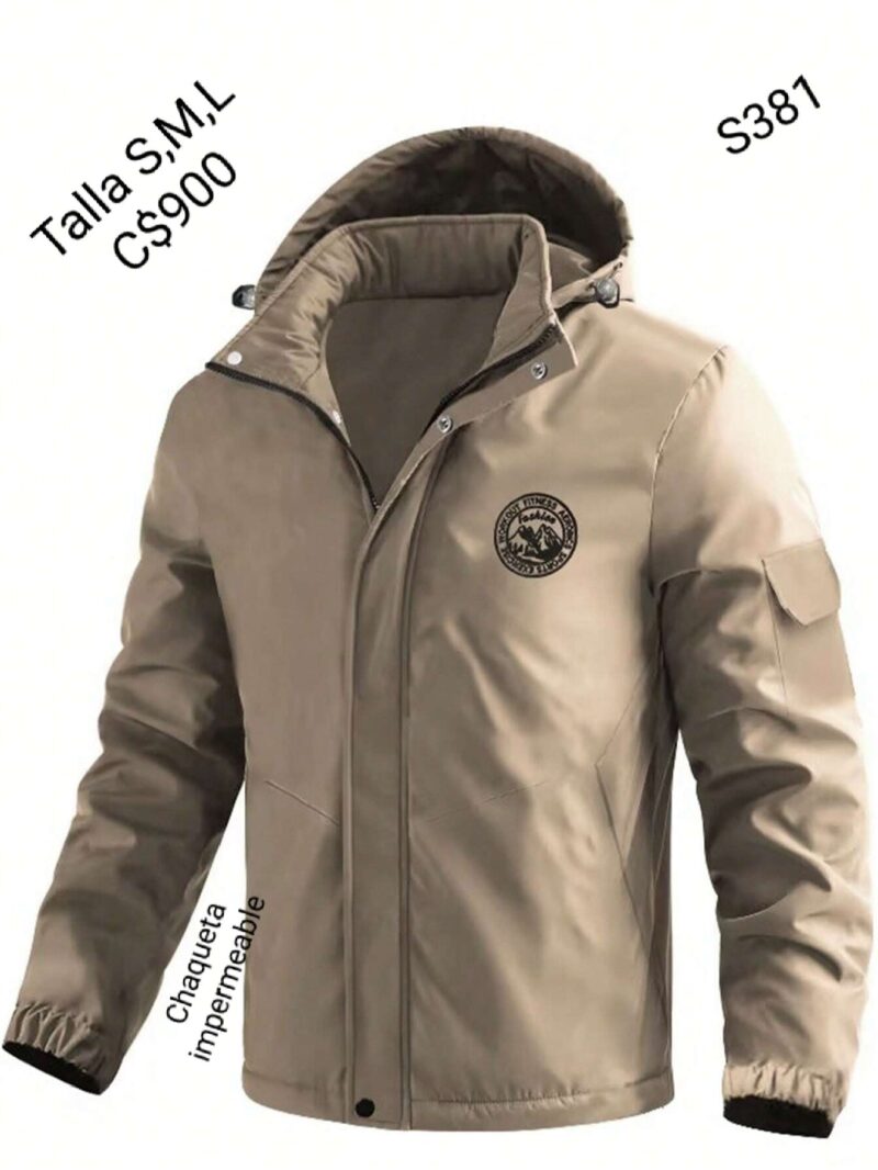 Chaqueta impermeable color caqui con capucha doble forro.