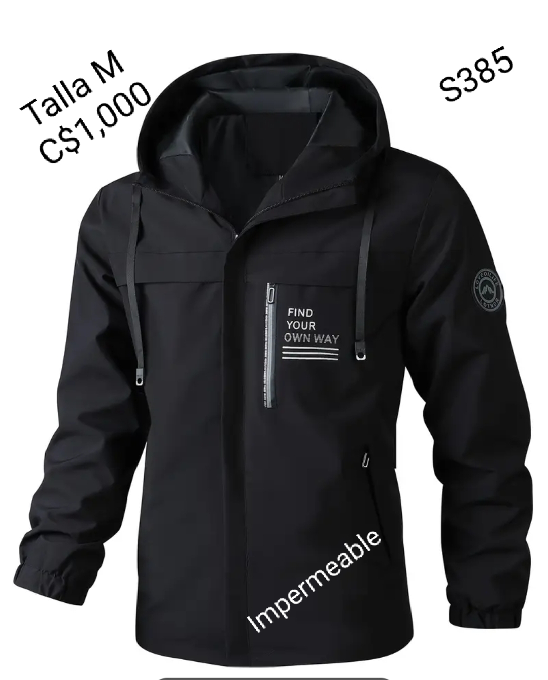 Chaqueta impermeable color negra con capucha con estampado de FYOW