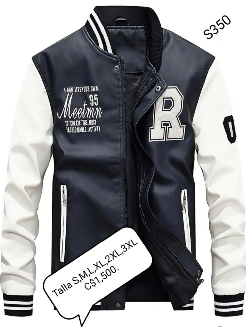 Chaqueta de cuero de 2 colores estilo universitario