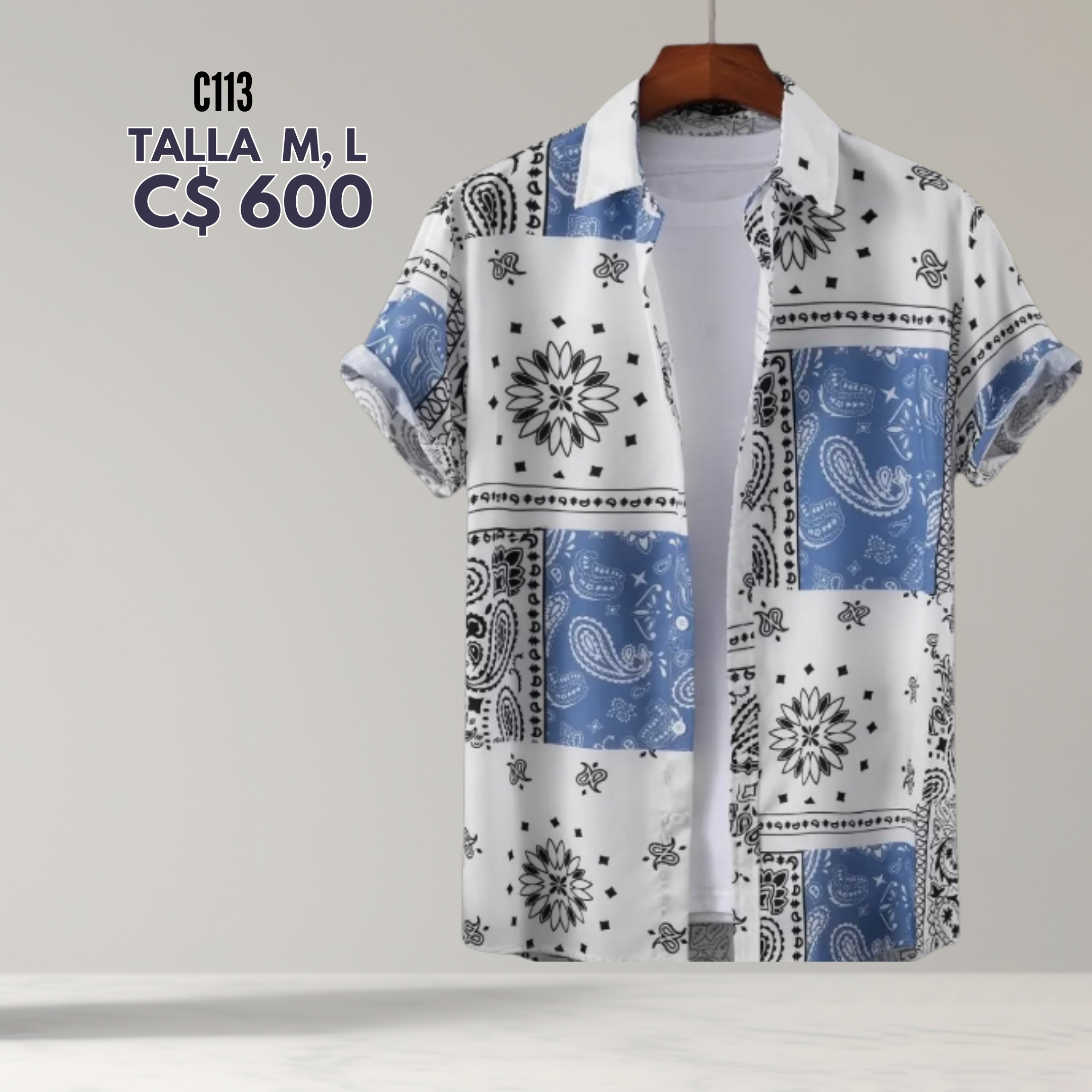 Camisa de vestir color blanco con celeste y negro--C113