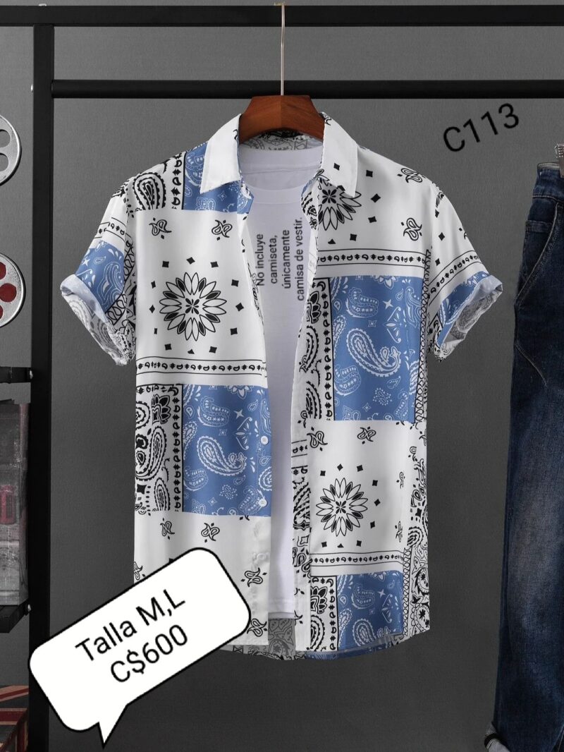 Camisa de vestir color blanco con celeste y negro