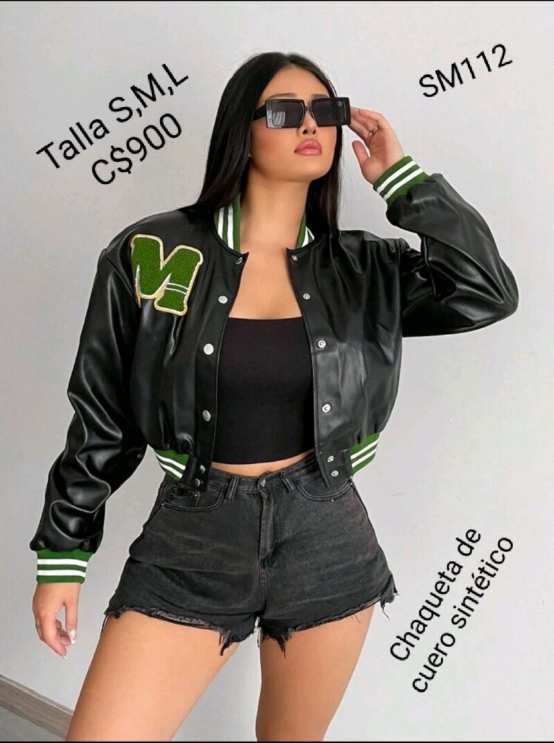 Chaqueta de cuero sintético color negro con verde