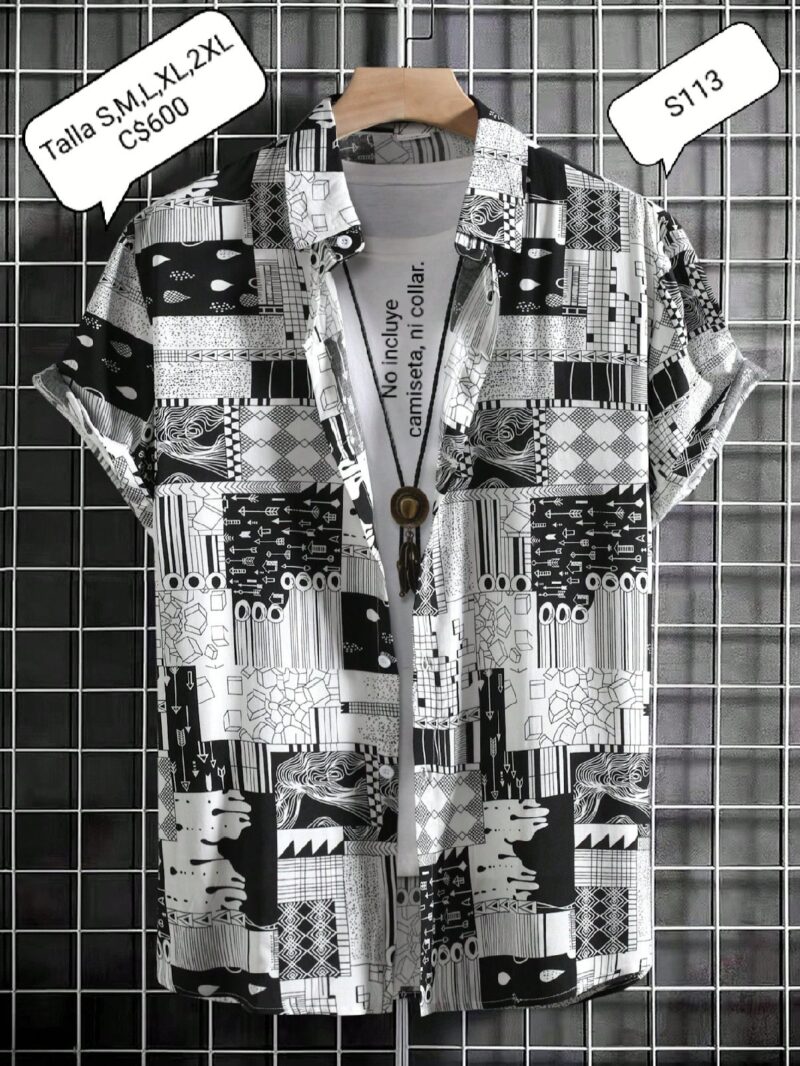 Camisa de vestir blanco con negro con múltiple estampados de figuras y formas