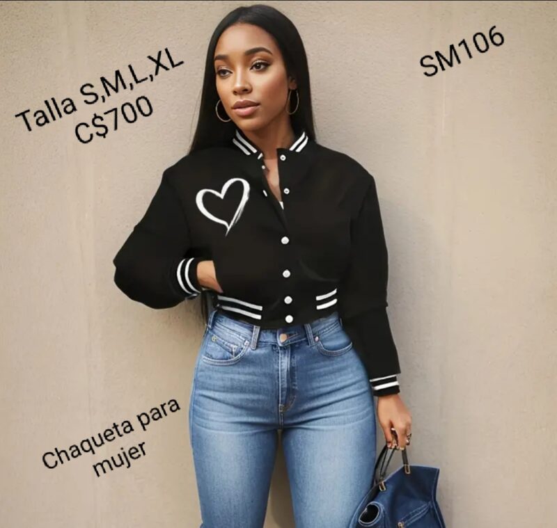 Chaqueta para mujer estilo universitaria con estampado de corazón parte derecha
