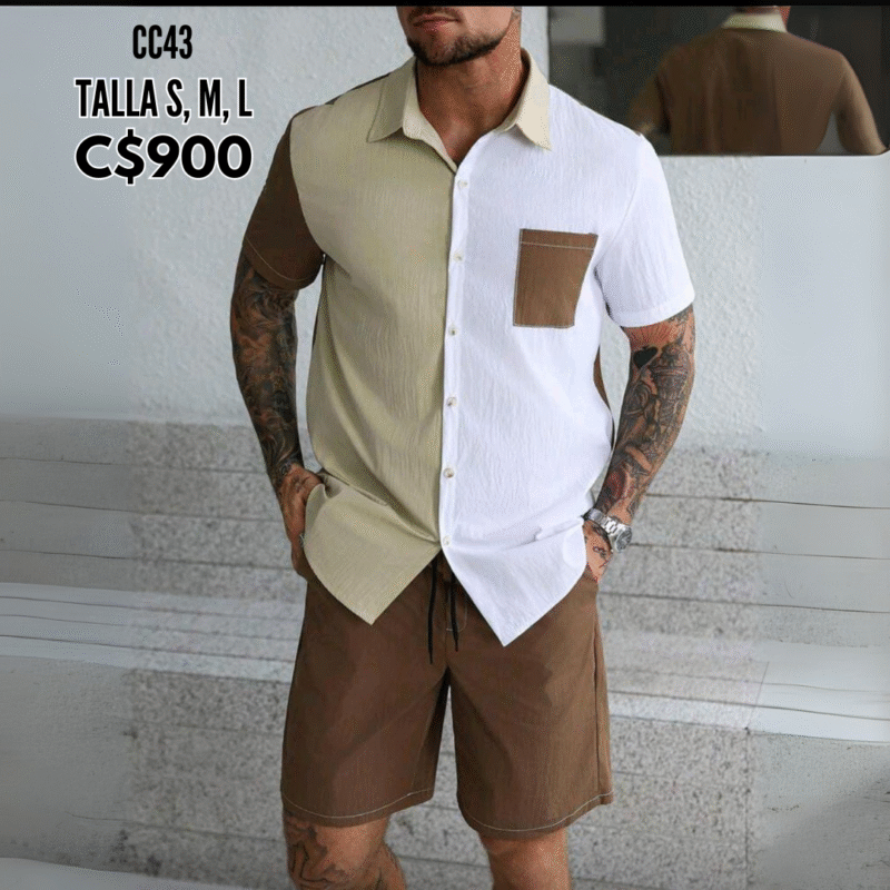 Conjunto camisa de vestir con short café.--CC43
