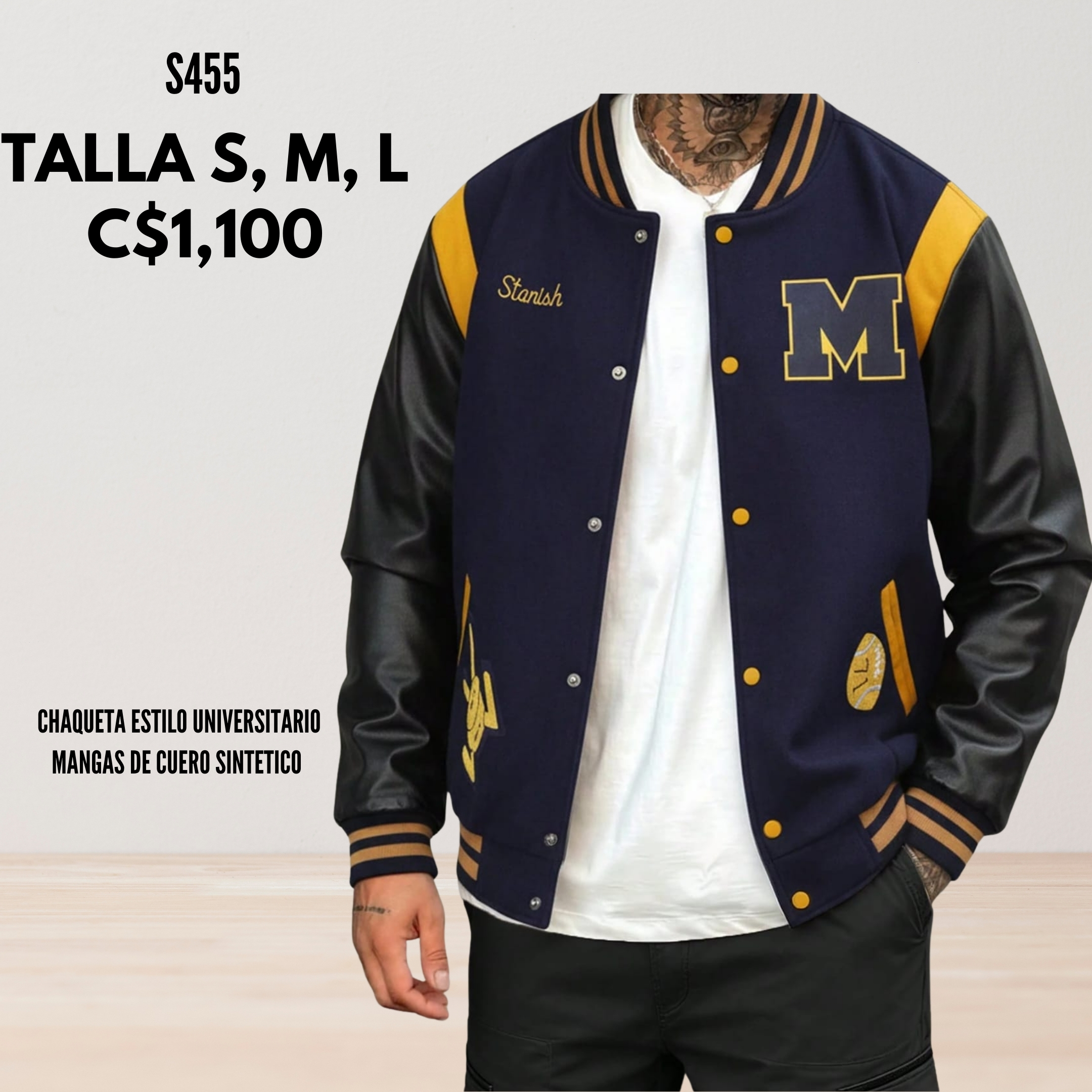 Chaqueta estilo universitaria mangas de cuero sintético. S455